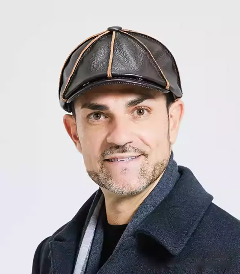 

Autumn Winter Classic Real Full Grain Leather Octagonal Beret Cap For Men Outing Warm Retro Vintage Newsboy Cap Adjustable Visor
