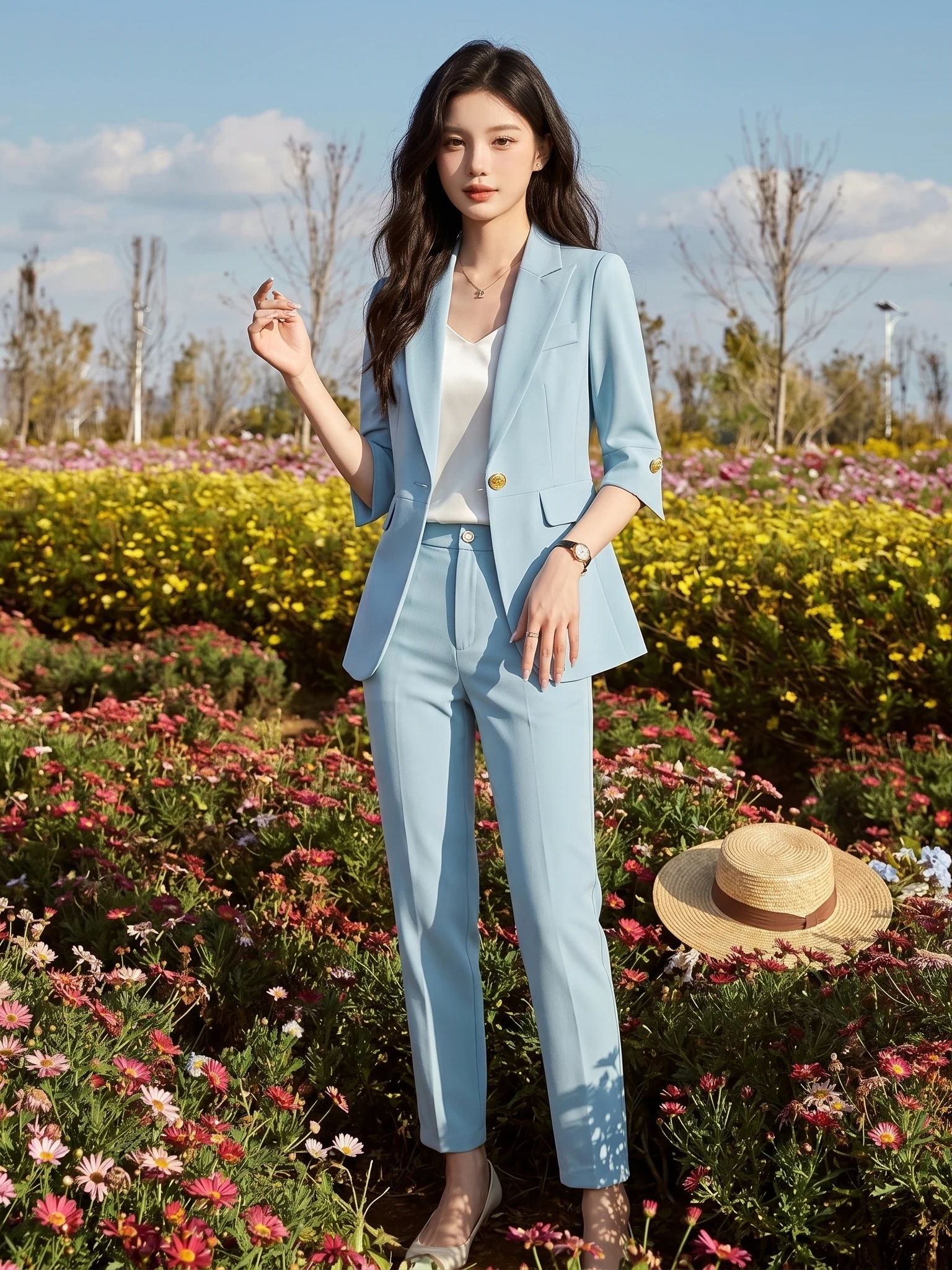  Blue Women's Suit Jacket 2026 New Office Formal High-End Feeling Seven-Sleeve Formal Suit Set Commute Style Polyester Fiber