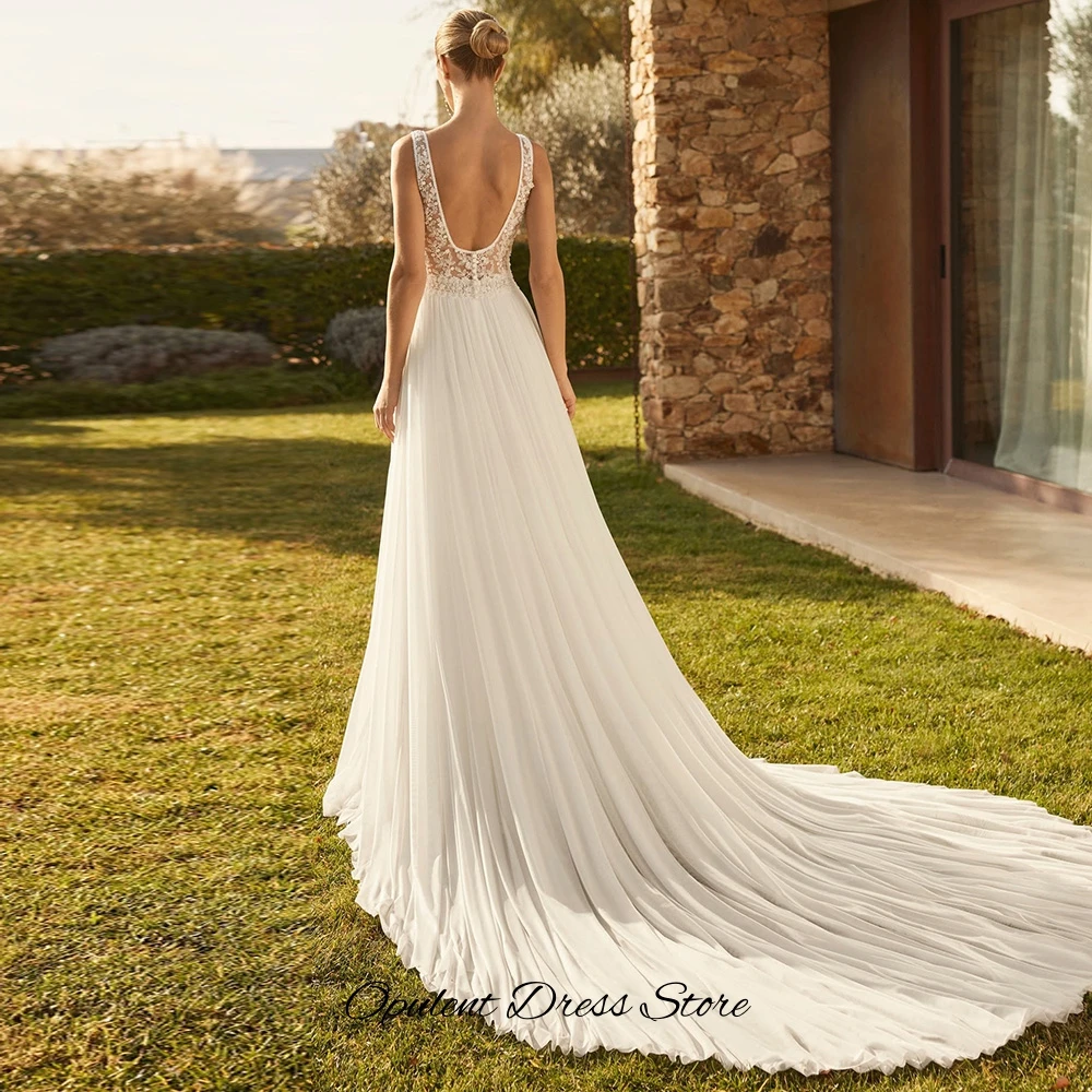 Sexy Customized Side Slit Wedding Dress Classic A-Line Chiffon Bridal Gowns with Shawl Exquisite Appliques Pearls Robe de mariée