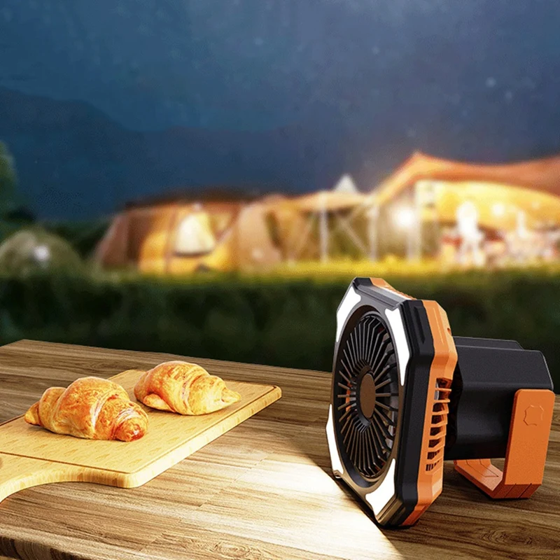 Outdoor Portable Camping Tent Fan With LED Light 5200Mah Powered Rechargeable Rotation Lantern With Hook Picnic