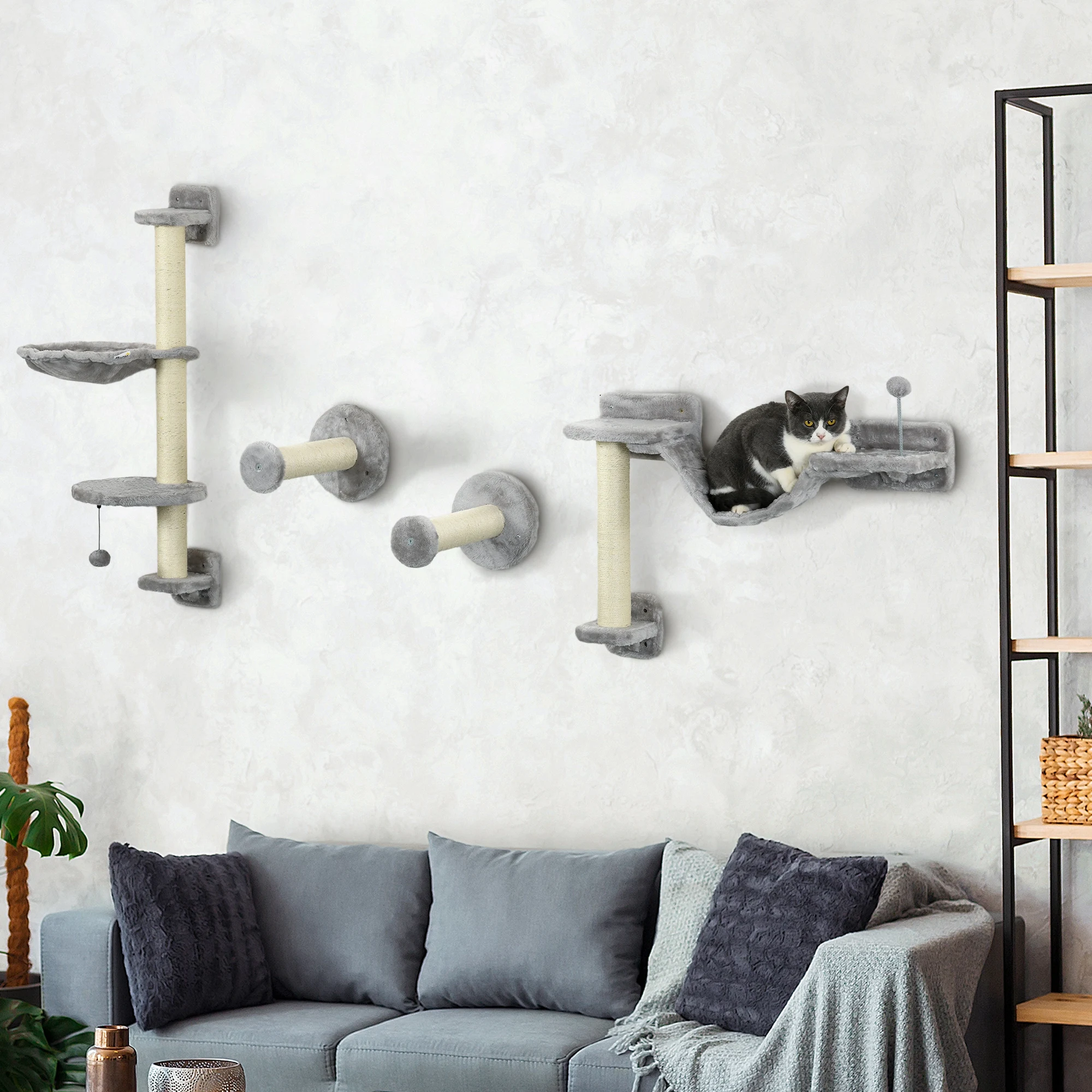 PawHut climbing rack for cats wall with hammock ball gray and Beige