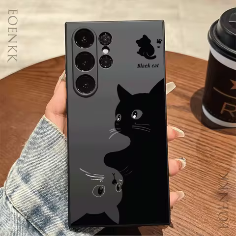 Cute Black Cat Print Phone Case For Samsung Galaxy S24 S23 S22 S21 S20 Ultra Plus FE A33 34 A52 53 A54 A71 A72 A73 5G Soft Cover
