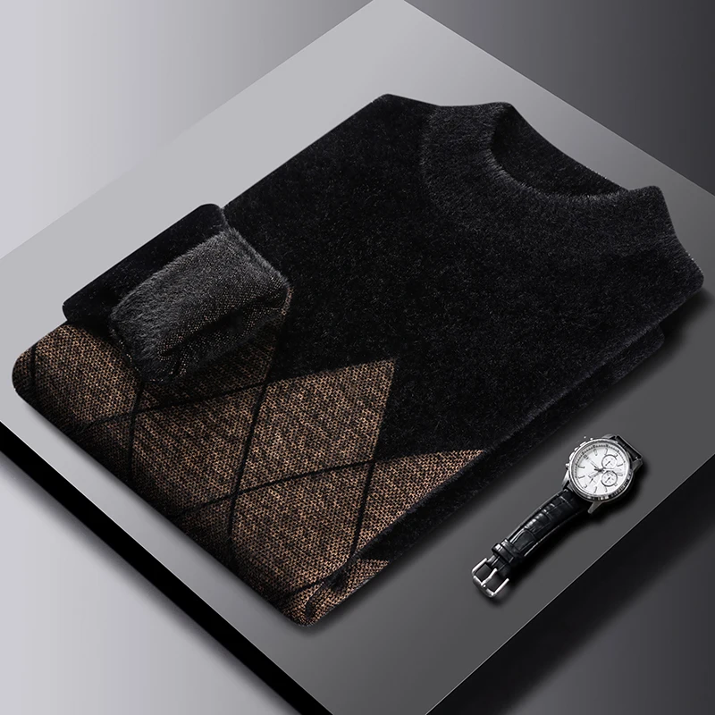 

Hot Selling Luxury Quality Men's Knitted Sweater Semi High Neck Soft Comfortable Velvet Thick Jacquard Pullover Winter Menswear