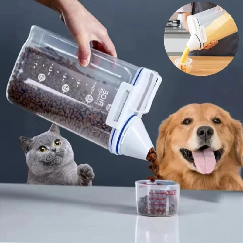 1pc Airtight Pet Food Container With Cup, Plastic Sealed Jar for Dry Dog Cat Food