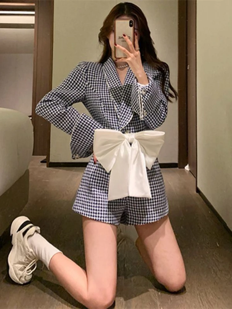 French Vintage Blue Plaid Jumpsuit Women's Spring Autumn New High Quality Slim-Fit With Bow Belt Fashion Commuter Siamese Shorts