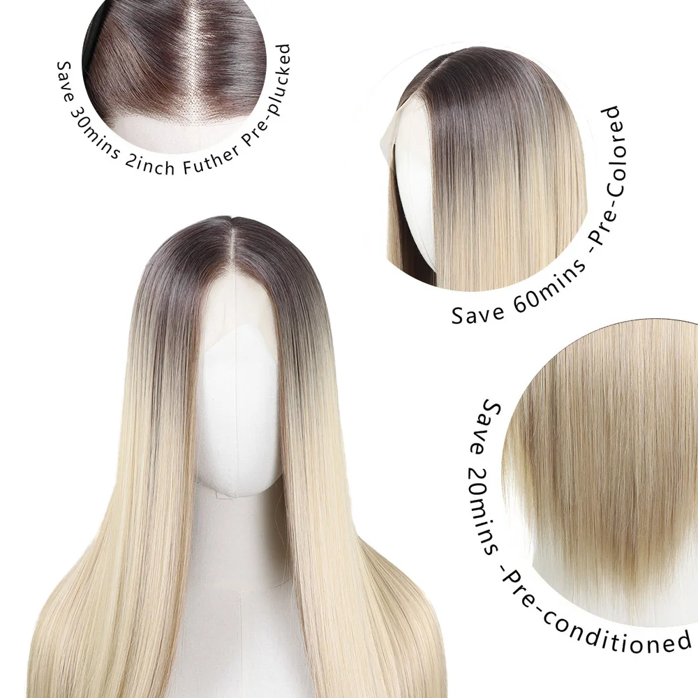 30 بوصة تسليط الضوء على شقراء الاصطناعية الدانتيل الجبهة الباروكات الجذور الداكنة مستقيم طويل أومبير الرماد شقراء قبل قطعها الباروكات الملونة للنساء