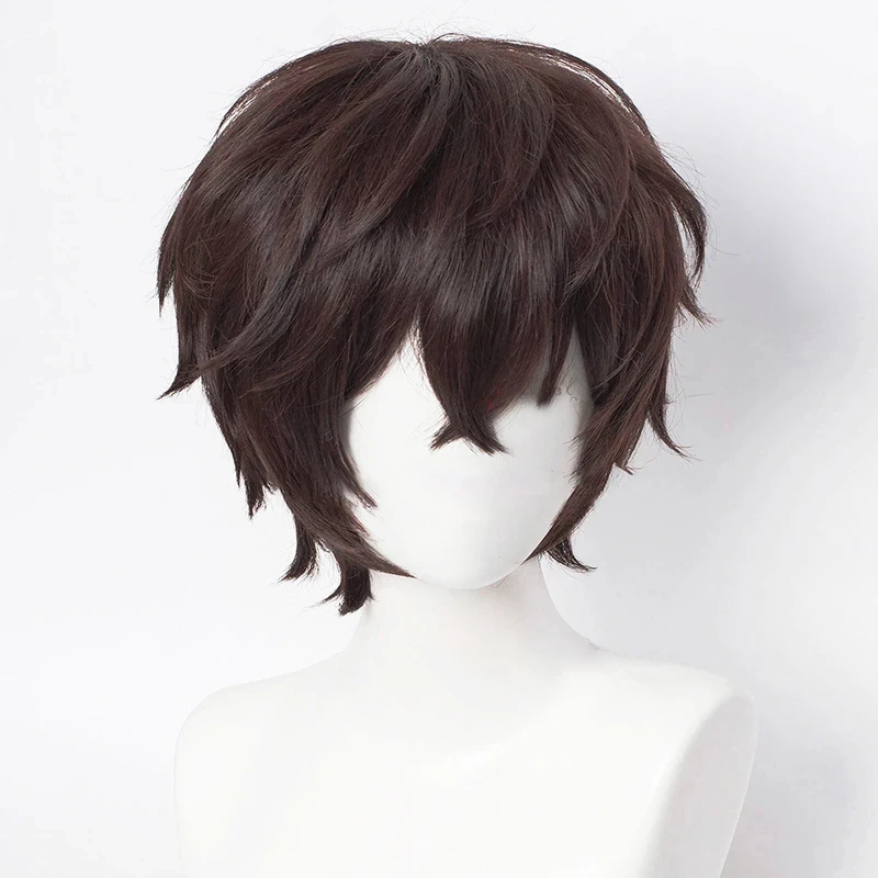 Anime Bungo Stray Dogs Cosplay Dazai Osamu Parrucca Corta Marrone Capelli Ricci Resistente Al Calore Capelli Sintetici Parrucche di Halloween + Protezione Della Parrucca