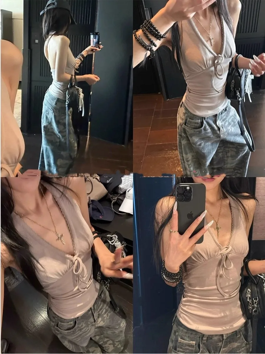 2025 Summer Pure Desire V-ne Strap Design ter Top Slim Fit Pleated Design Sense T-irt Women's Faion Svel Vest