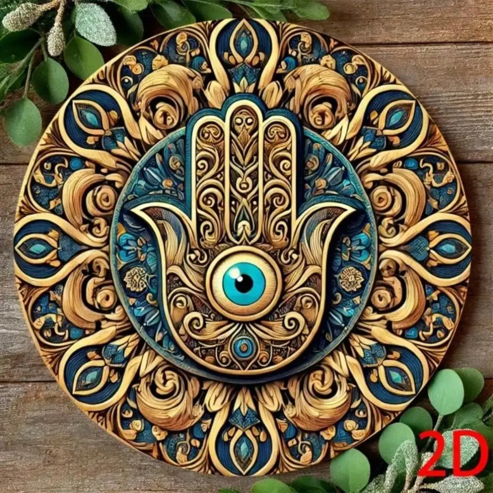 Tibetan Hamsa Hand Metal Tin Sign Blue Gold Green Mandala Wall Art Vintage Home Decor