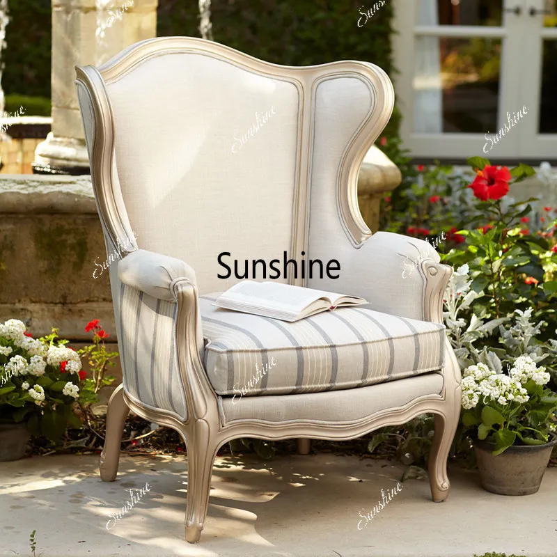 European solid wood high back chair studio neoclassical carved fabric soft bag single sofa