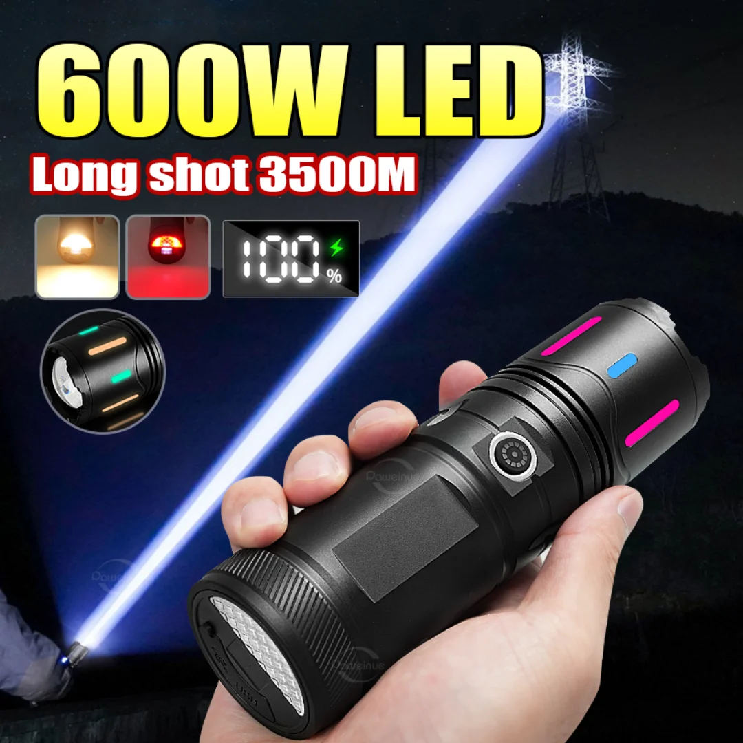 

New 600W High Power LED Flashlight Rechargeable Torch Buil-in Battery Flash Light Outdoor Camping Lantern Tactical Flashlight