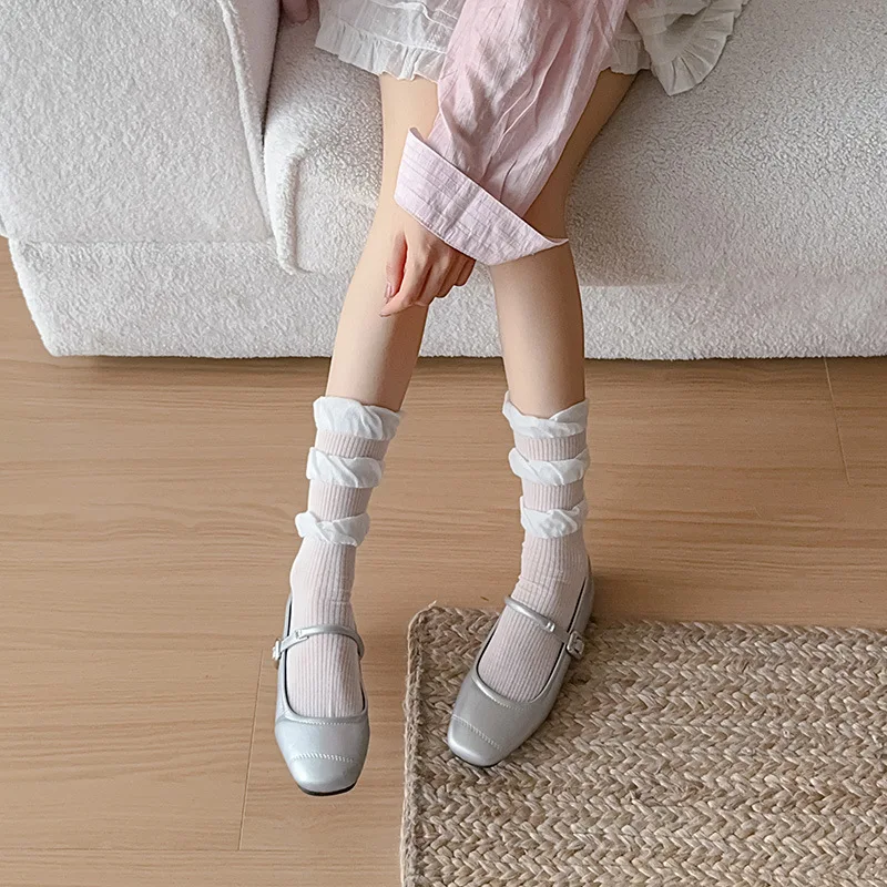 Girls Kawaii Ballet Socks Cream Color Bubble Ruffle Cuff Lace Trim Korean Sweet Style Stacked Sock Spring Fall Soft Cotton Sock