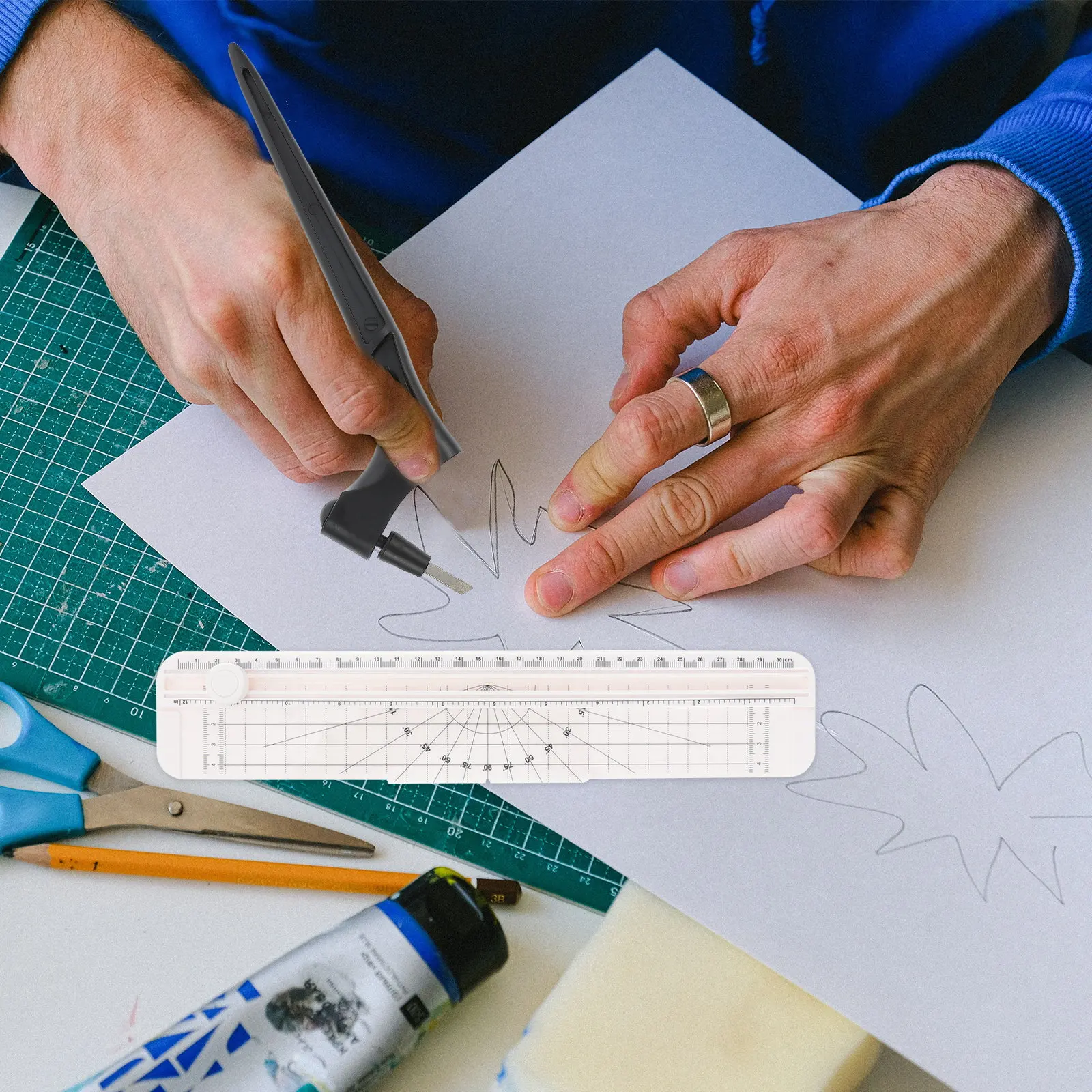 A4 Paper Trimmer Cutter with Pull-Out Ruler Alignment Grid Scale Replaceable Blade Safety Guard Compact Design for Photo Label