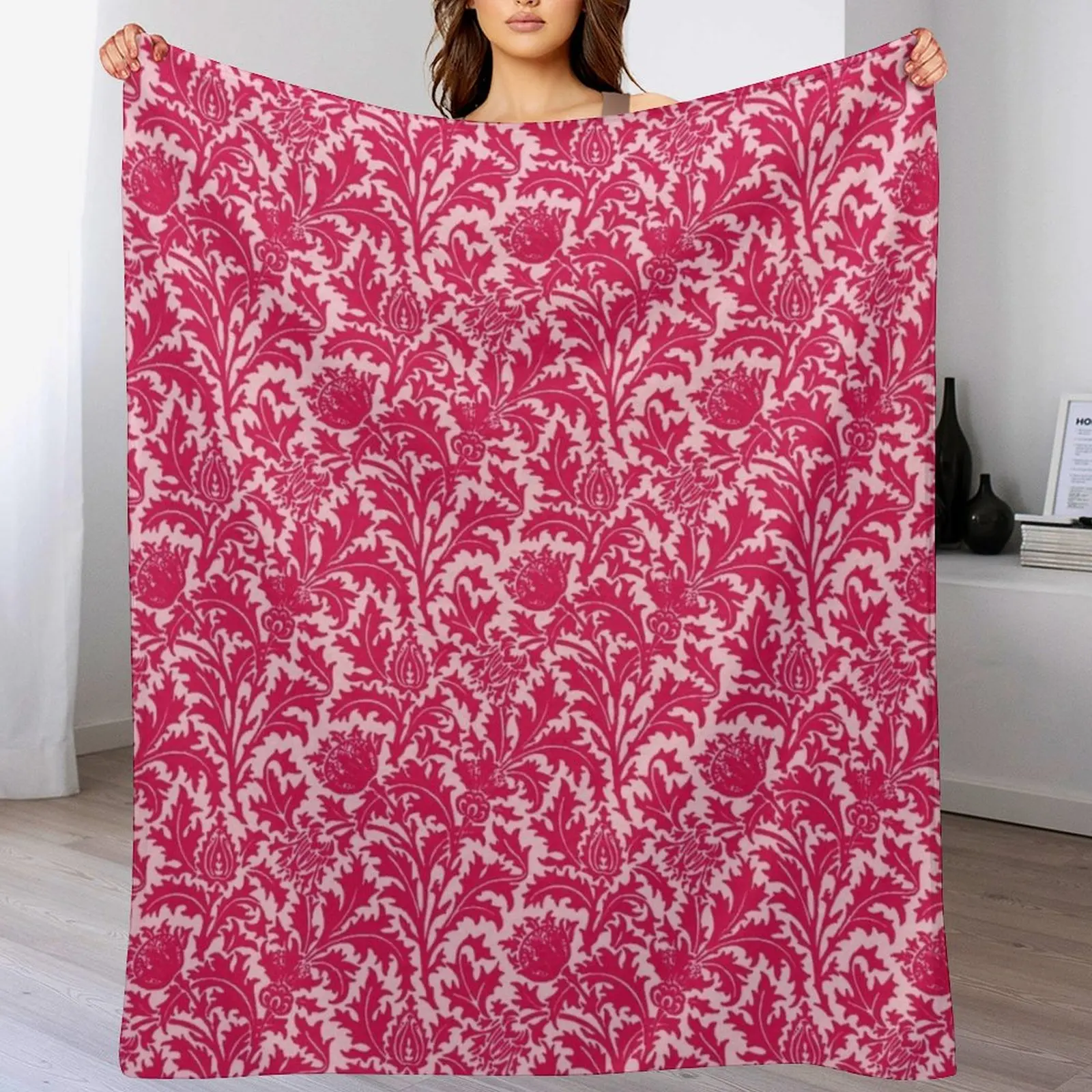 William Morris Thistle Damask, Fuchsia Pink Throw Blanket Thins Flannel Shaggy Blankets For Baby Blankets