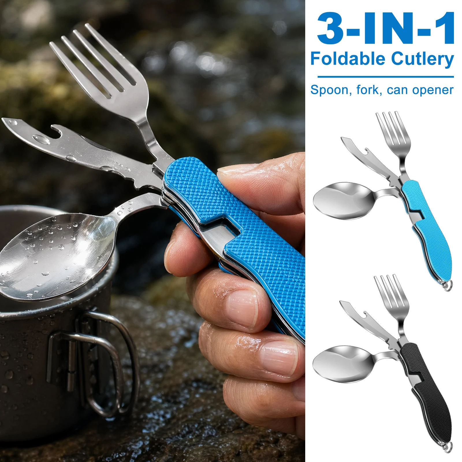 Multifunction 3 in 1 Camping Utensils Cutlery Foldable Outdoor Tableware Set Stainless Steel Pocket Kits For Outdoor Activities