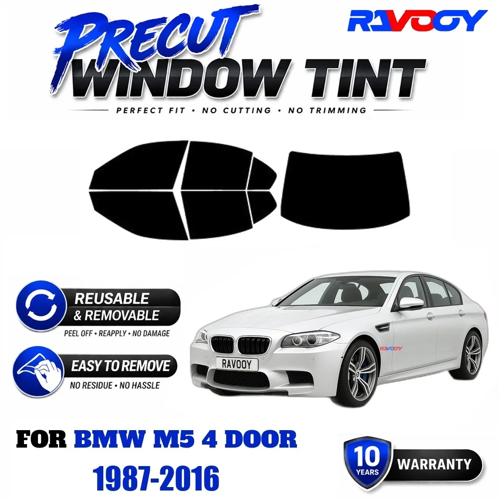 RAVOOY Precut Window Tint, Reusable Removable EPU Film, Custom Fit for Bmw M5 4 Door 1987-2016, UV Heat Protection