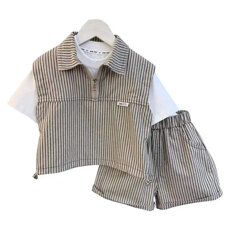 Korean Fashion Striped Short Sleeve Zipper Shirt And Shorts Two Piece Suit Baby Boys Summer Boutique Outfits Kids Sport Clothes