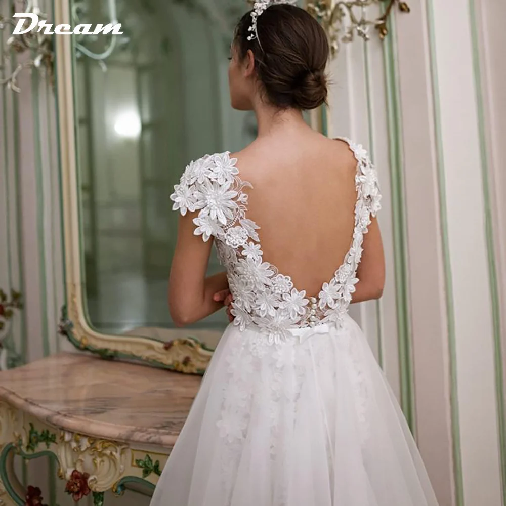 DREAM 3D Flowers Lace Detachable Train Mini Short Wedding Dress V Neck Backless Cap Sleeves High Low Bridal Gown Above Knee