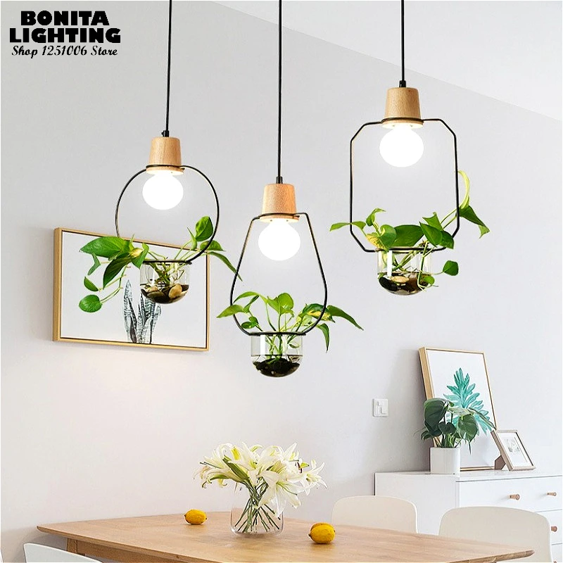 Scandinavian Fresh Flowerpot Pendant Light, Solid Wood & Iron Frame & Glass Planter Chandelier for Dining Room Bedroom Bathroom