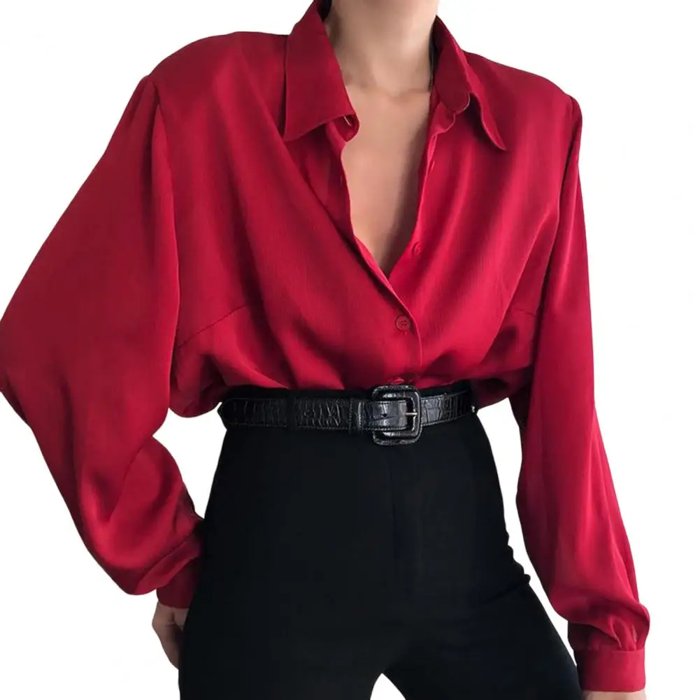 Women Button Blouses Turn Down Collar Shirts Office Lady Long Sleeve Casual Blouse Loose OL Shirt Baggy Tops Red/Wine Red /Black