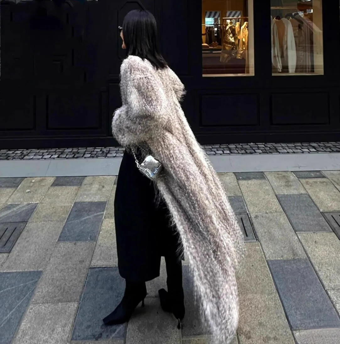 Di alta qualità Inverno Graduale Grigio 3 pollici Lungo Peloso Finta Pelliccia di Pavone Cappotto Ex-lungo Donna Giacca Shaggy Allentata Capispalla Vintage