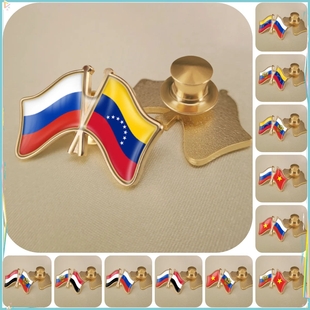 Russian Federation and Venezuela Vietnam Yemen Double Crossed Friendship Flags Brooches Lapel Pins Badges