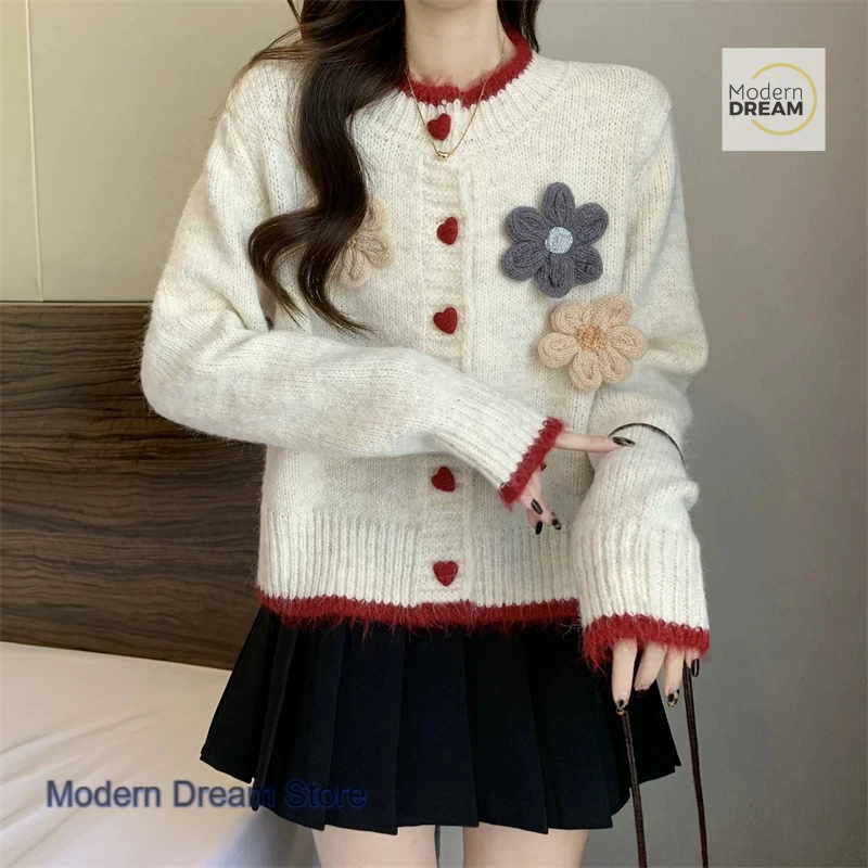 النمط الفرنسي مزاجه زهرة جولة الرقبة سترة معطف المرأة الخريف والشتاء جديد الحلو الحب زر سترة قصيرة متماسكة