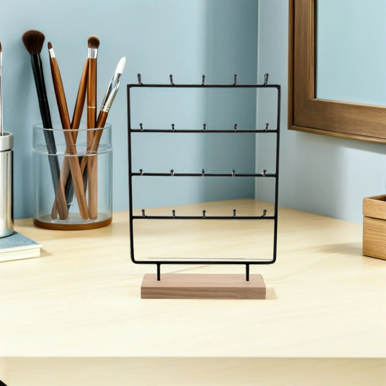 Sturdy Wood Base Metal Earring Display Stand with Hooks Jewelry Organizer Stand for Retail Bedroom Countertop Card Display