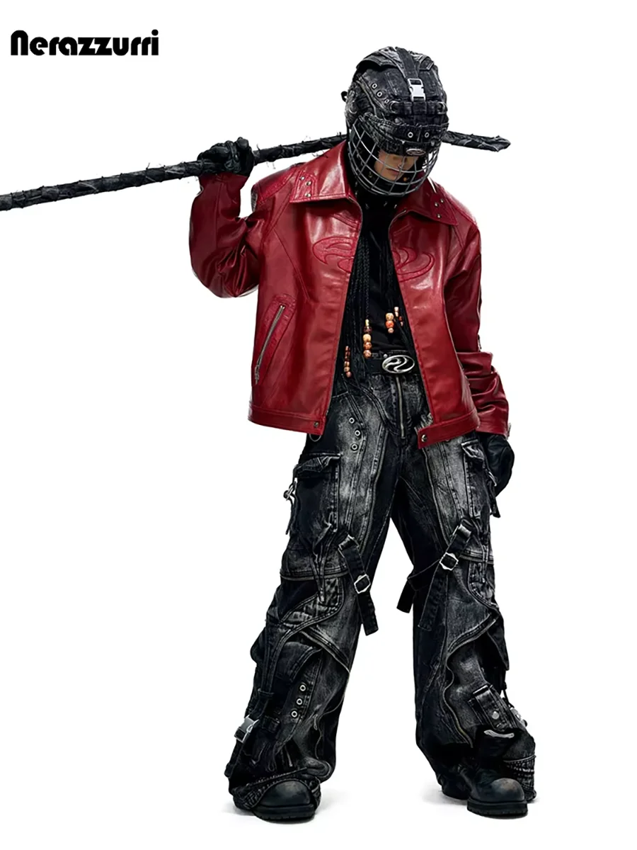 Nerazzurri Spring Autumn Short Crocodile Print Patchwork Red Pu Leather Jacket Men Zipper 2026 Luxury Designer Menswear Clothes