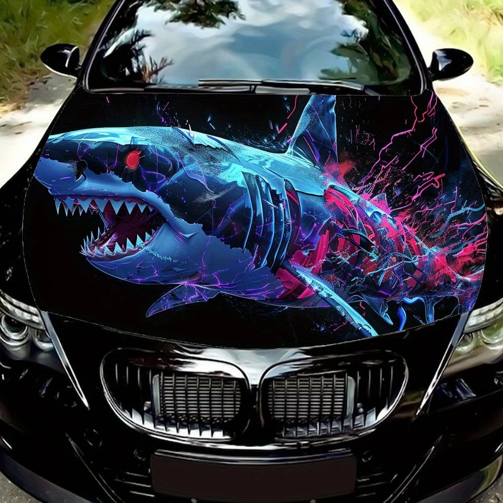 

Mechanical Angry Shark PVC Car Vinyl Wraps, Self-Adhesive Waterproof Car Hood Decal Sticker, Car Decoration Protection Stickers