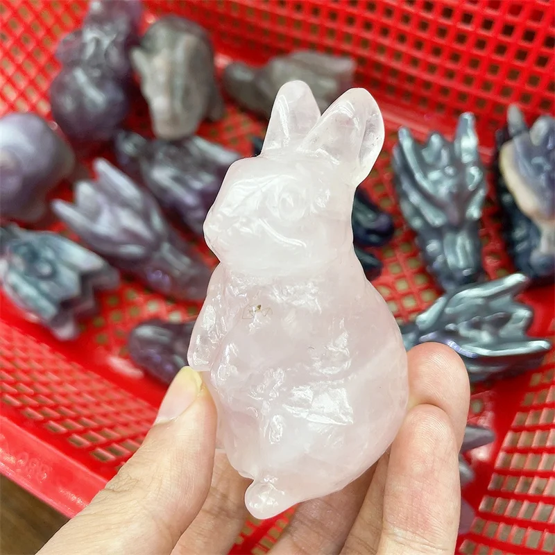 Natural Rose Quartz Rabbit Crystal Carving Cute Animal Home Decoration Healing Energy Stone Healthy Children Birthday Gift 1pcs