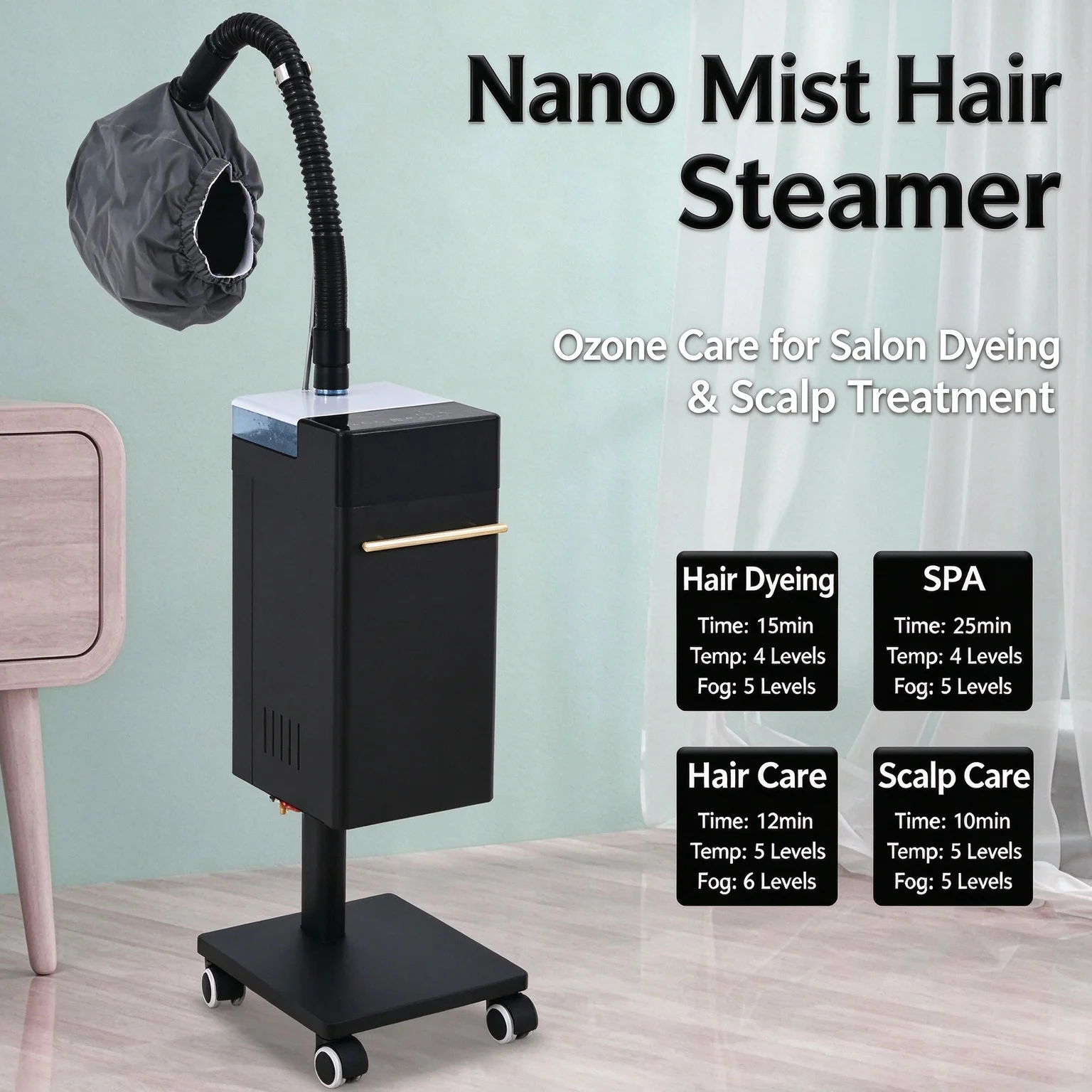 Professional Nano Hair Steamer with Ozone Negative Ion Stand Up Hair SPA Machine Adjustable Mist Temperature for Salon Home Hair