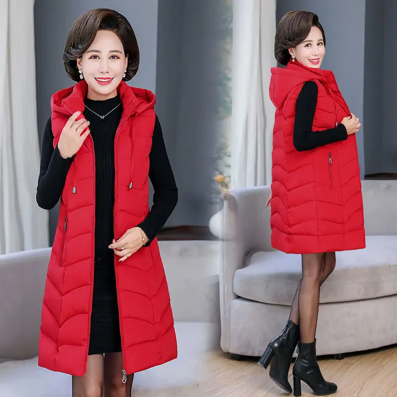 Middle-aged Mother Winter Down Cotton Vest Jacket Thick Parka Hooded Women Sleeveless Long Coat Plus Size 6XL Casual Waistcoat