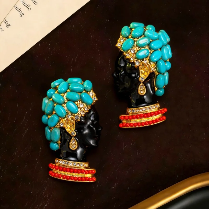 Retro Ethnic Design Human Face Earrings with Turquoise and Red Accents Statement JEWELRY