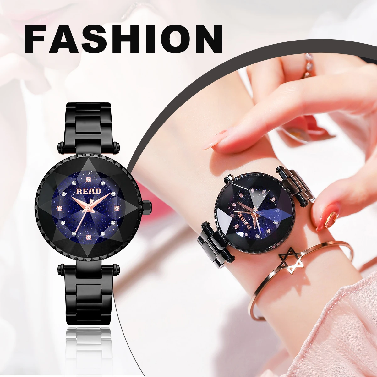READ Women Quartz Watch | Starry Glitter Dial | Stainless Steel Bracelet | 30M Water Resistant Butterfly Clasp Dress Watch