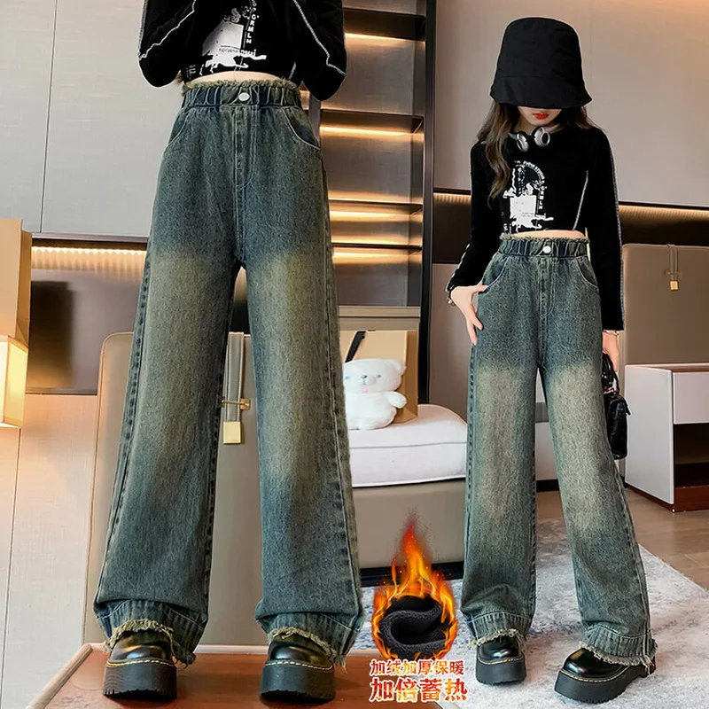 Girls Winter Jeans Fleece Thick Warm Loose Wide Leg Pants for Children Casual All-match Fashion Teenage School Kids Trousers