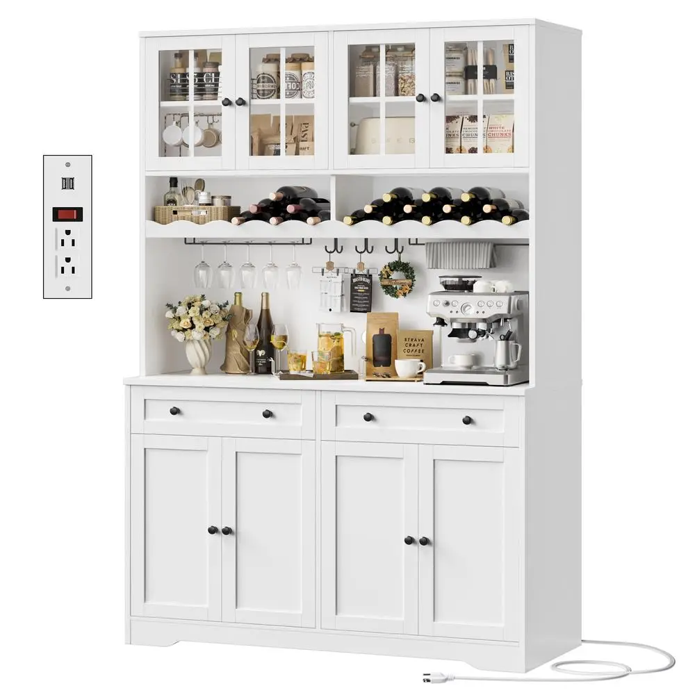 

75.4 Tall Kitchen Pantry Cabinet with Charging Station, Modern White Kitchen Hutch with Microwave Stand and Wine Racks, Large F