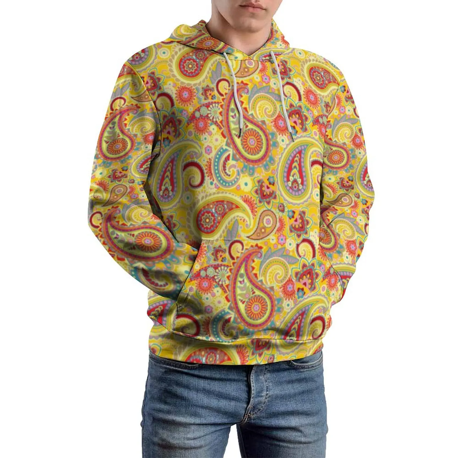 Yellow Retro Paisley Casual Hoodies Long Sleeve Trippy Hippy Print Cool Pullover Hoodie Winter Street Style Oversized Clothes