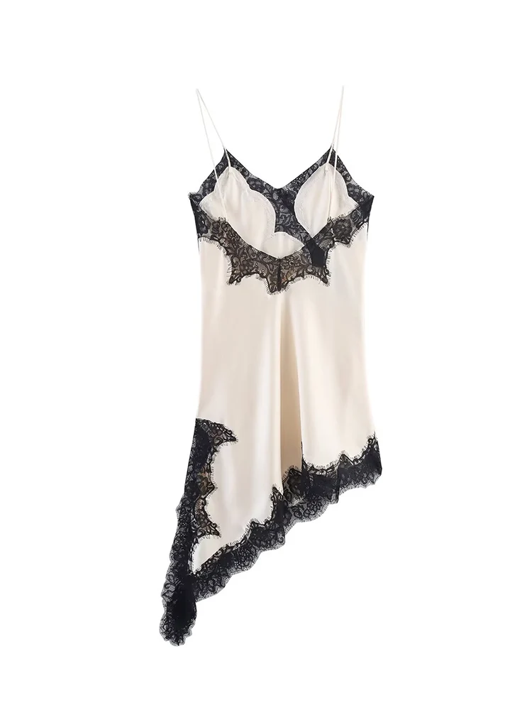 2025 Sexy Women's Hollow Out Lace Spliced Satin Sling Dress Elegant Side Slit Hem Asymmetric Dresses Fashion Backless Outfit