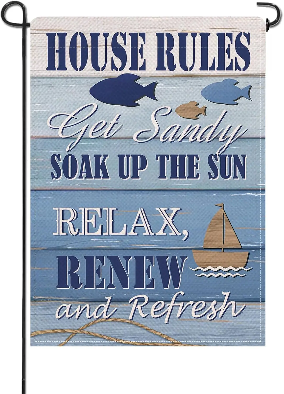 Artofy Beach House Rules Blue Small Decorative Garden Flag, Coastal Sea Fish Sailboat Lakehouse Yard Lawn Outside Decor, Nau uui