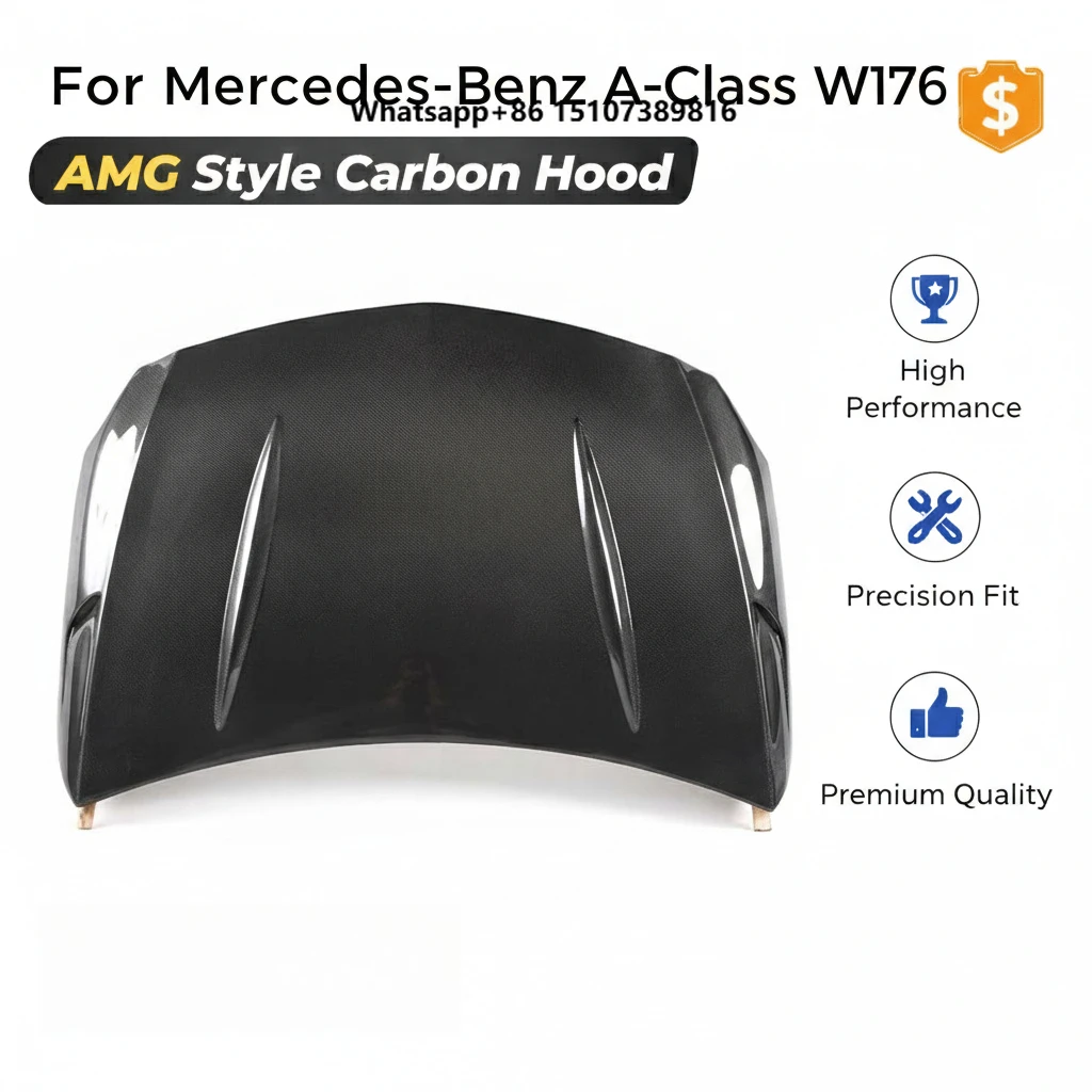 Nouveau capot en fibre de carbone pour -W176 Classe A (2013-2018) |    Vis de fixation pour capot avant |   Surface hautement polie |