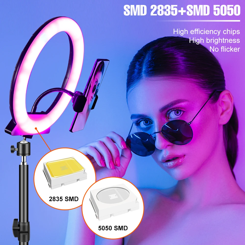 Anillo de luz LED RGB para selfi, lámpara circular de relleno para fotografía, vídeo, maquillaje, iluminación en vivo, luz regulable por USB con trípode de Clip para teléfono