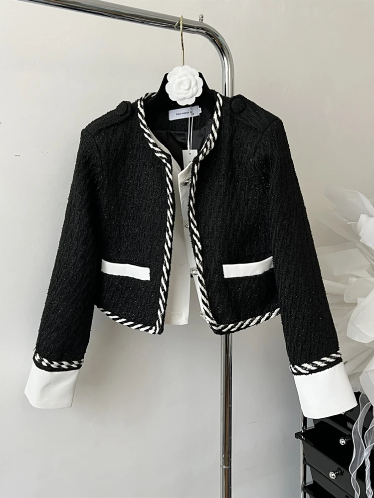 

Black Tweed Jacket For Women 2023 Autumn Korean Fashion Short Coats Cropped Top Round Neck Single-Breasted Woolen Outwear Femme