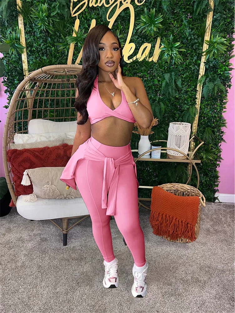 Aneh Puss setelan olahraga wanita, jaket lengan panjang ritsleting + tren Bar Halter Solid seksi 3 potong kasual Sporty + celana olahraga kurus