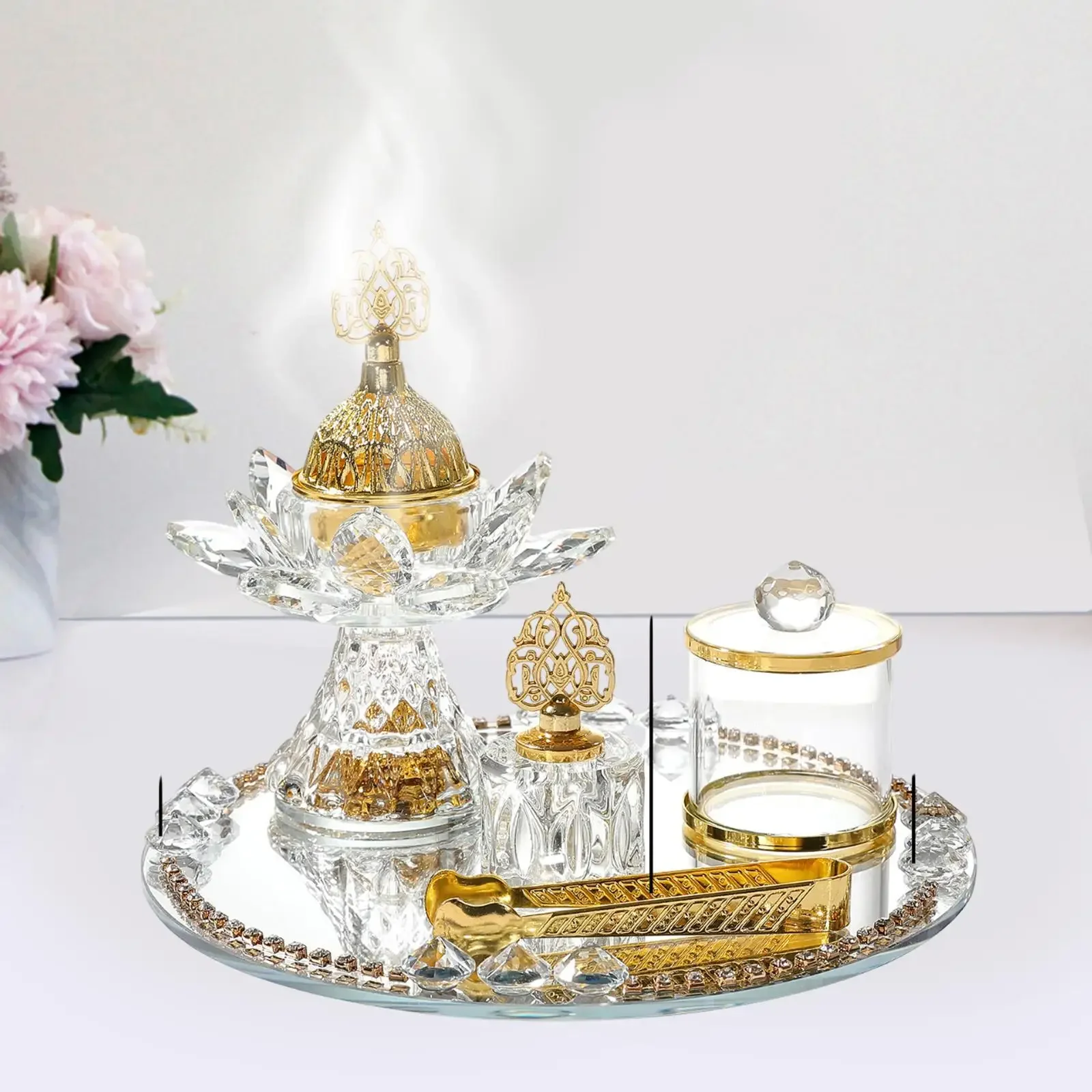 Glass Incense Burner Set Ramadan Decoration with Tray Storage Jar and Tongs Censer Arabian Incense Holder for SPA Desk Decor