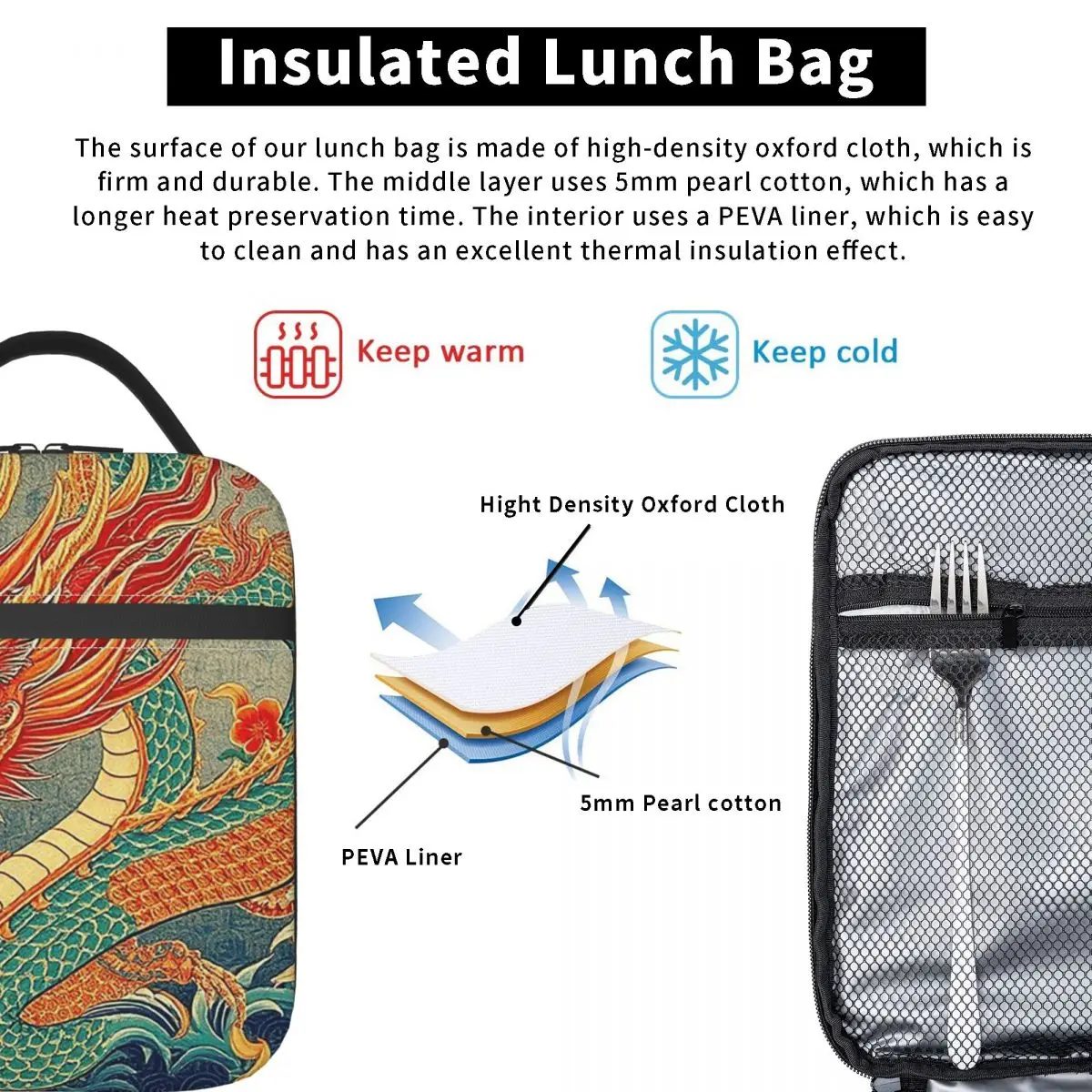 Chinese Dragon Asian Oriental Style Art Insulated Lunch Bag for Women Children Portable Food Boxes Thermal Lunch Box Tote