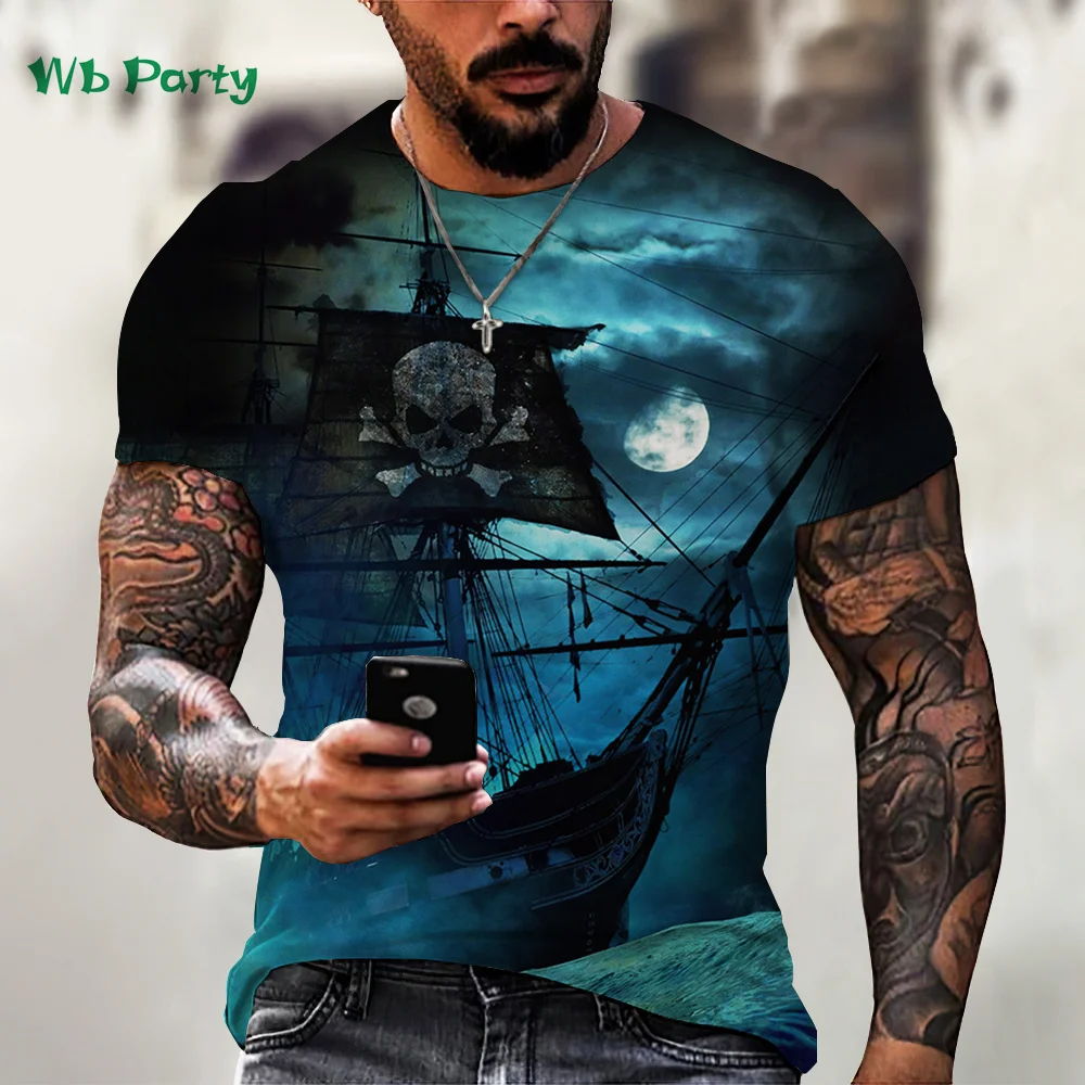 Vintage Mens Clothing Casual Loose Pirate Ship Print T shirt Men Round Neck Graphic T shirts Men's Clothing Gothic Street Tops