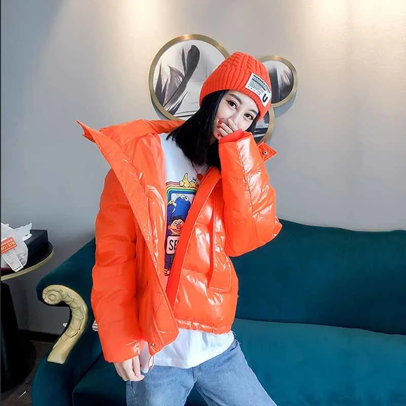 Candy Color Short Puffer Jacket Korean Hooded Shiny Down Jackets Orange Yellow Drawstring Long Sleeve Winter Parkas Female Coat