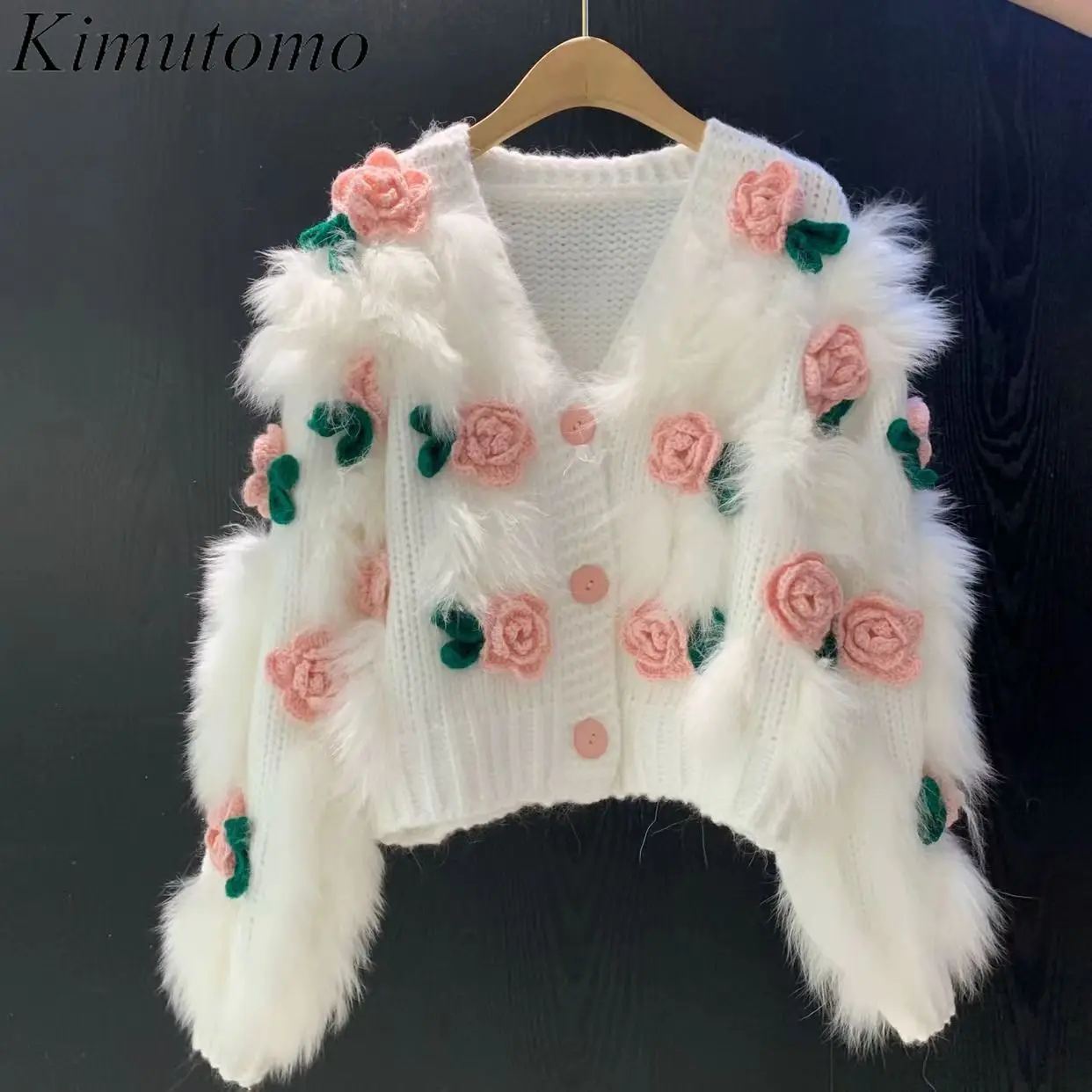 

Onalippa Three Dimensional Rose Flower Knitted Cardigan Contrast Gentle Wind Furry Cropped Cardigans Korean Kawaii Sweater Women