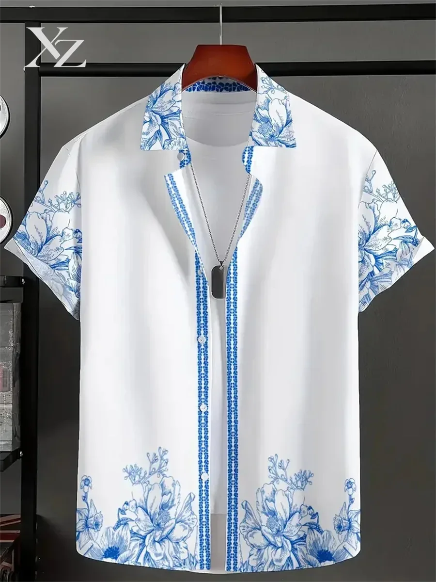 Men's Short-Sleeve Casual Loose-Fitting Lapel Hawaiian Shirt with Blue and White Porcelain Floral Print, New Summer Shirt